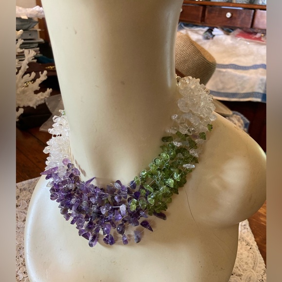 Gemstone 12 strand Gemstone Necklace. Peridot Amethyst Crystal Quartz 17” GORG! - Picture 6 of 8